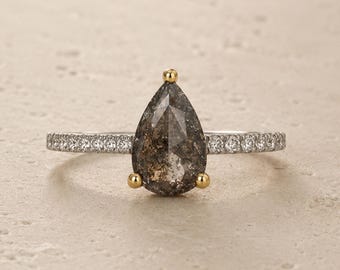 Custom Salt and Pepper Diamond Pear Solitaire Engagement Ring