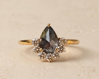 Custom Salt and Pepper Diamond Pear with Bottom Halo Engagement Ring