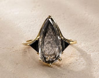 Salt & Pepper Diamond Pear Engagement Ring with Black Diamond Side Stones