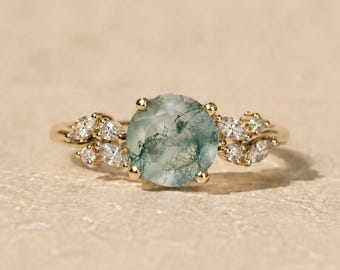 Round Moss Agate Engagement Ring with Diamond Cluster