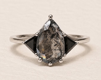 Pear Salt and Pepper Diamond Three Stone Engagement Ring