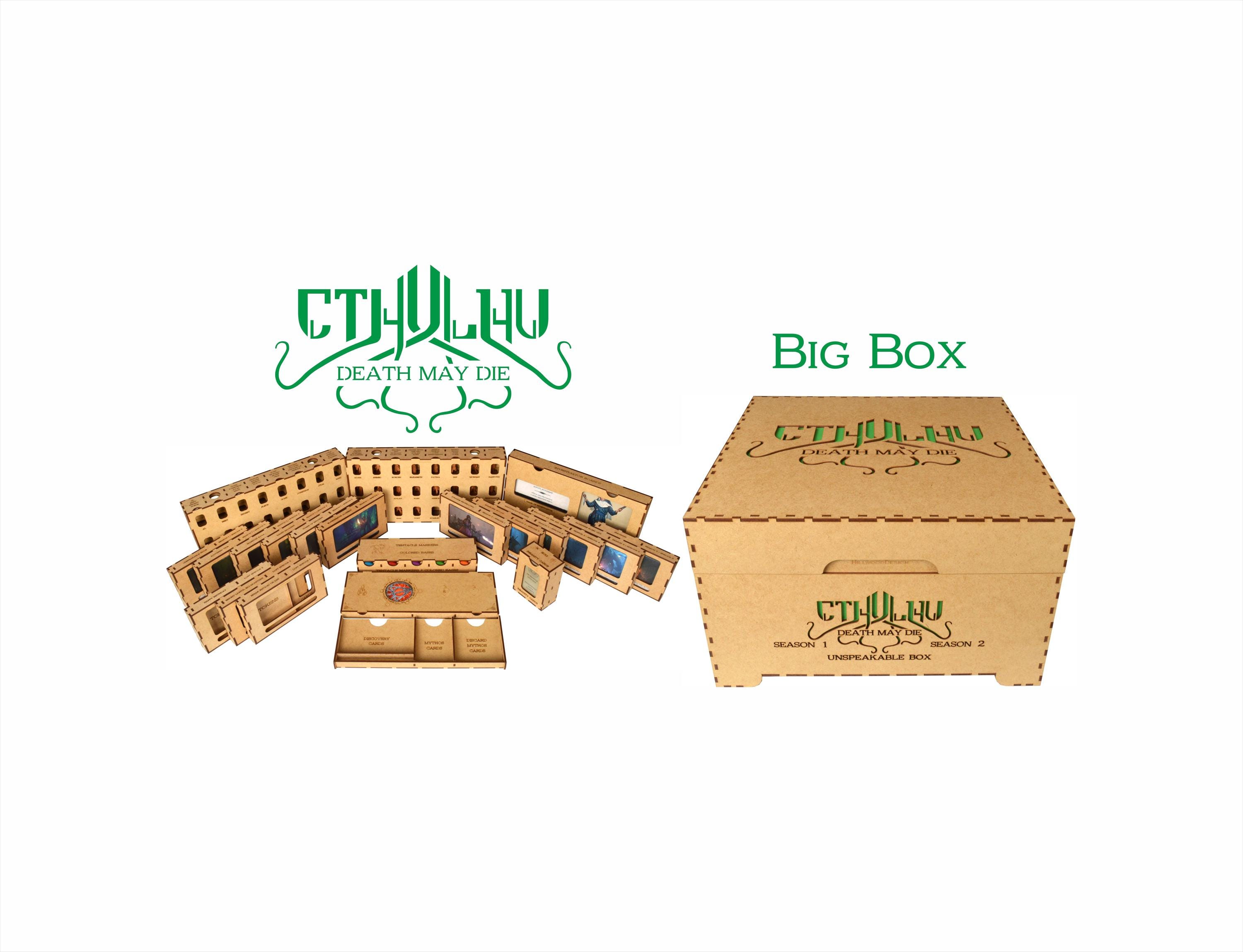 Cthulhu Death May Die Big Box organizer including season 1, 2, Unspeakable box and Comics vol.1 add-ons does't fit monsters and map tiles!