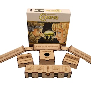 May include: Wooden organizer for the board game "The Cave" Caverna. The organizer includes compartments for room tiles, door indicators, replacements, walls, and a cavern tile. The organizer is made of natural wood and has a light brown color.