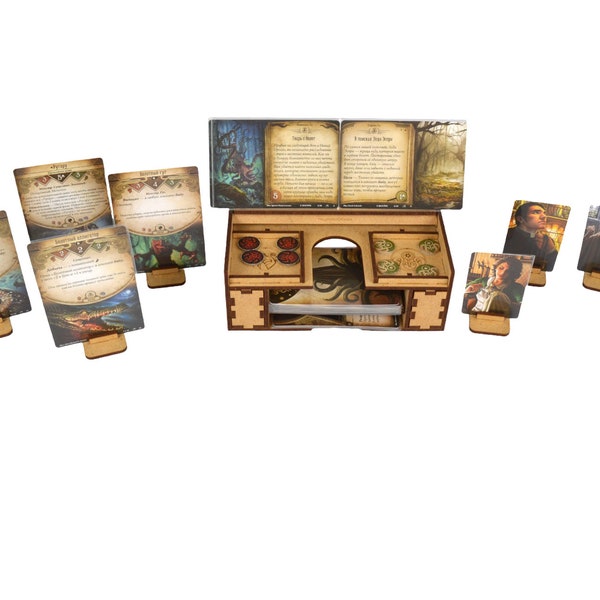 Altar of Arkham Horror LCG for act and agenda cards, myth cards, and storing a set of 8 investigator and monster card stands ( assembled )!