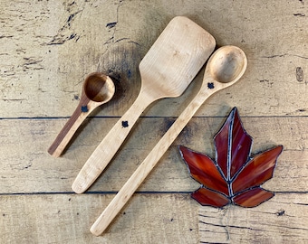 O Canada! Wooden Kitchen Utensils Set - Large Flipper, Cooking Spoon, Coffee Scoop