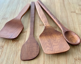 Ensemble d'ustensiles de cuisine en bois - Grande, petite, cuillère, spatule