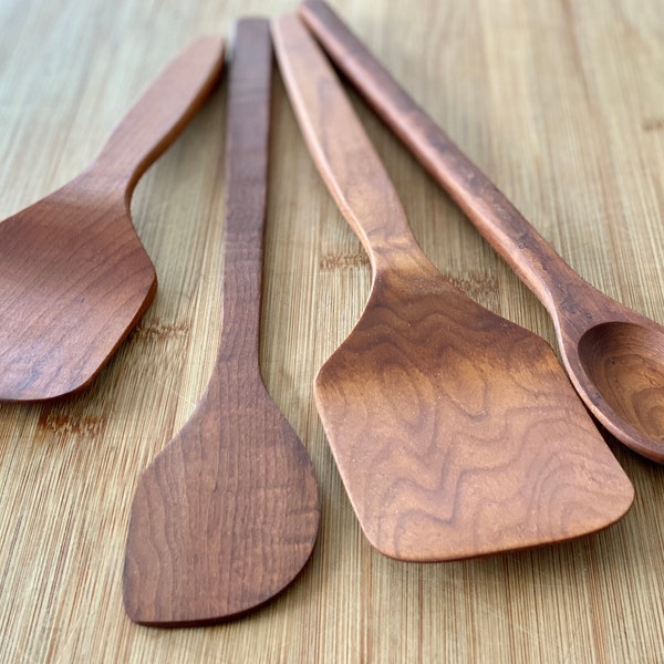 Wooden Kitchen Utensils Set - Large Flipper, Small Flipper, Cooking Spoon, Spatula