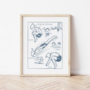Druckbares Poster Retro-Bildbuch Französische Bildung Schwimmen: der Tauchgang