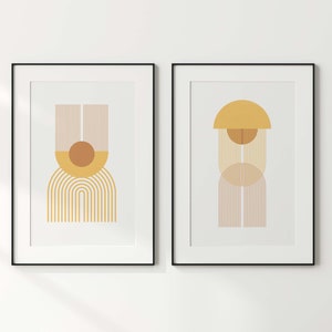 Cartel decorativo dúo decorativo de pared de estilo escandinavo de mediados de siglo geométrico arte, amarillo y bronce