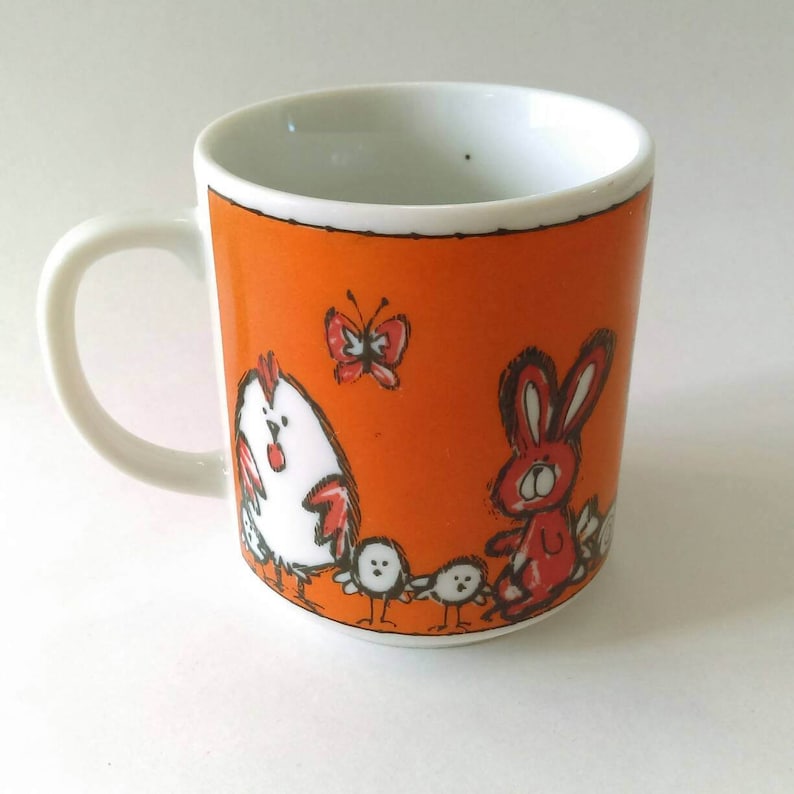 Vintage Animal Mug Orange White Red Whimsical Chicken Bunny Etsy