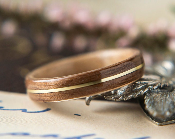 Womens Wedding band made from Birds eye Maple with Walnut and Brass Inlay, Promise ring, Wooden ring