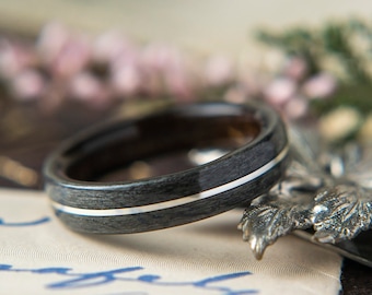 Womens Wedding band made from Ebony, Grey Maple with Silver Inlay. Promise ring, Wooden ring