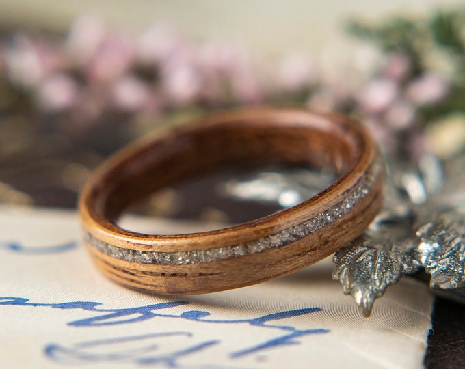 Womens Wedding band made from Mahogany, Koa with Offset German Glass. Promise ring, Wooden ring