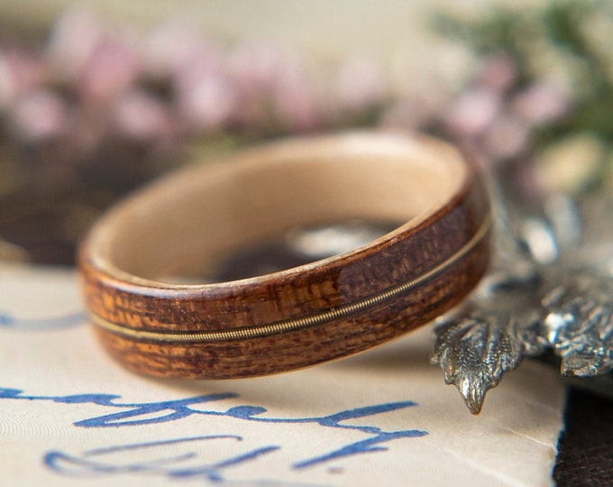 Womens Wedding band made from Birds eye Maple with Mahogany and Guitar string Inlay, Promise ring, Wooden ring