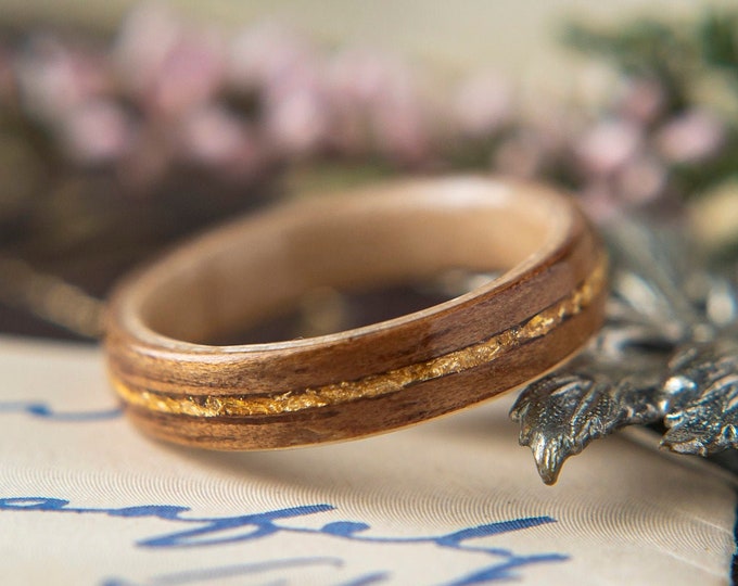 Womens Wedding band made from Birds eye Maple with Koa and Gold Flake Inlay, Promise ring, Wooden ring