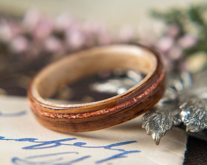Womens Wedding band made from Birds eye Maple with Rosewood and Offset Rose Gold Inlay,  Promise ring, Wooden ring