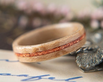 Womens Wedding band made from Birds eye Maple with Rose Gold Flake, Promise ring, Wooden ring