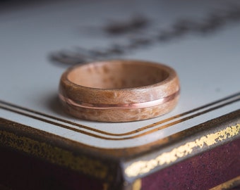 Mens Wood Wedding band made from Birds eye Maple with Copper wire inlay, Mens engagement ring, Mens promise ring