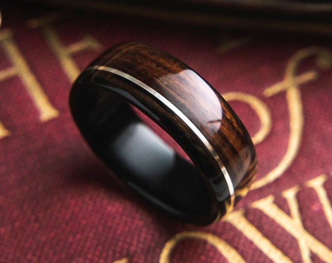 Mens Wedding band made from Ebony, Rosewood and offset Silver Inlay, Mens engagement ring, Mens promise ring.