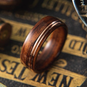 Herren Holz Ehering aus Santos Palisander mit Double Offset Kupferdraht-Inlay, Herrenring Verlobungsring, Herrenring