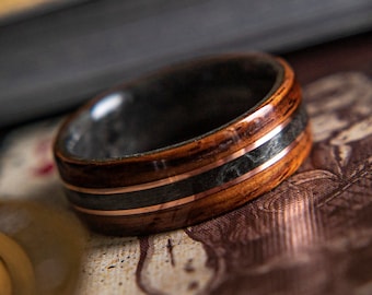 The King,  Mens Wedding Band featuring Grey Maple, Rosewood and Dual Copper inlay,  Mens Wedding Band, Wood wedding band, Wood Wedding Band