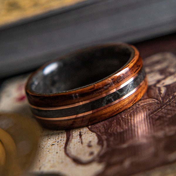 The King,  Mens Wedding Band featuring Grey Maple, Rosewood and Dual Copper inlay,  Mens Wedding Band, Wood wedding band, Wood Wedding Band