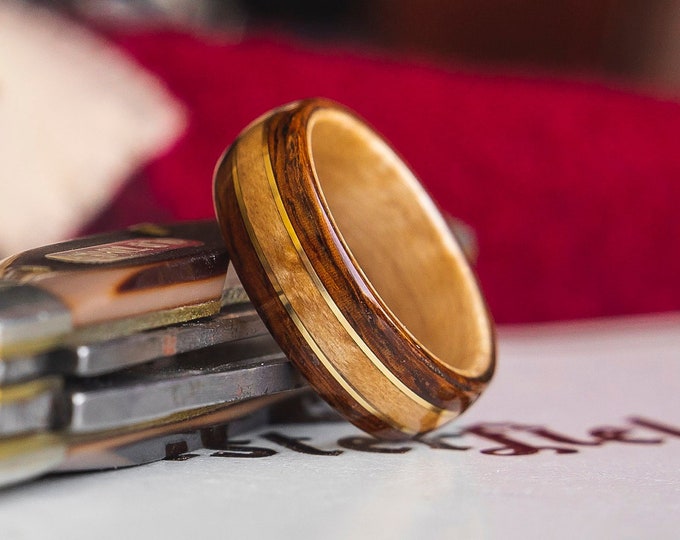 Mens Wedding band with Birdseye, Rosewood and Brass inlay,  Mens Wedding Band, Wood wedding band, For him