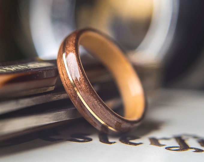 Solid Wood Men's Ring with Cash and Brass Inlays