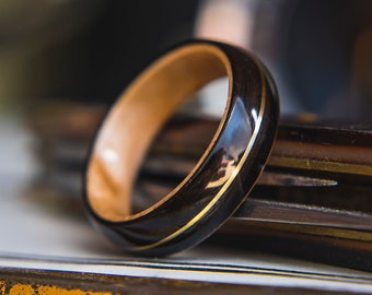 Mens Wedding band made from Birds eye maple, Ebony and Brass pinstripe inlay, Mens engagement ring, Mens promise ring