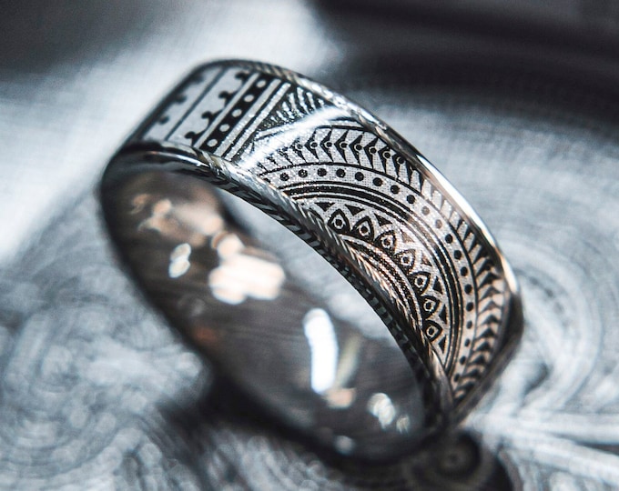 Mens Wedding band in Damascus Steel and Platium Invocation Feat. KingsWildProject luxury playing cards.