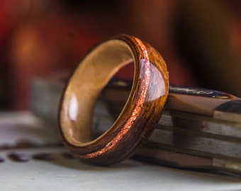 Mens Wedding band made from Birds eye maple, Santos Rosewood and  Offset Rose Gold flake inlay, Mens engagement ring, Mens promise ring