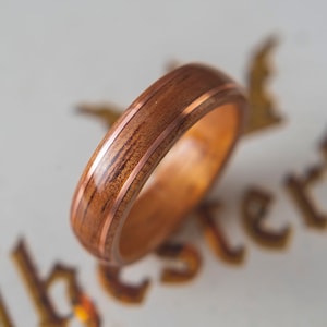 Mens Wedding band made from Koa with 2 thin copper wire inlay, Mens engagement ring, Mens promise ring image 1