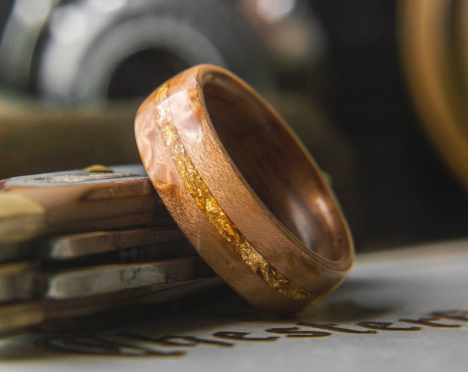 Mens Wooden Wedding band made from Koa, Birds eye maple and Gold flake inlay, Mens engagement ring, Mens promise ring