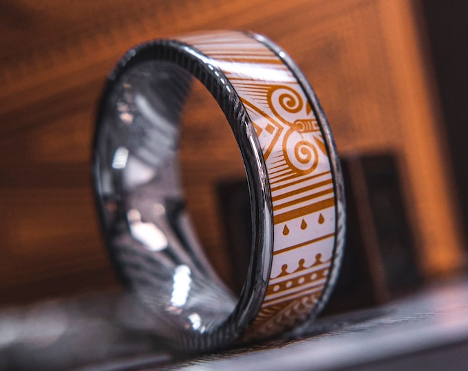 Mens Wedding band in Damascus Steel and Copper Invocation Feat. KingsWildProject luxury playing cards.