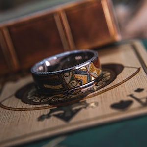 Mens Wedding band in Damascus Steel and Robin Hood Card Deck from KingsWildProject luxury playing cards. image 4