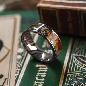 Mens Wedding band in Damascus Steel and Robin Hood Card Deck from KingsWildProject luxury playing cards. image 2