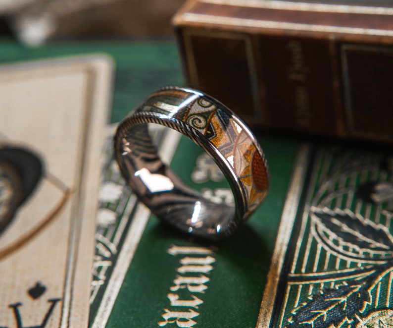 Mens Wedding band in Damascus Steel and Robin Hood Card Deck from KingsWildProject luxury playing cards. image 2
