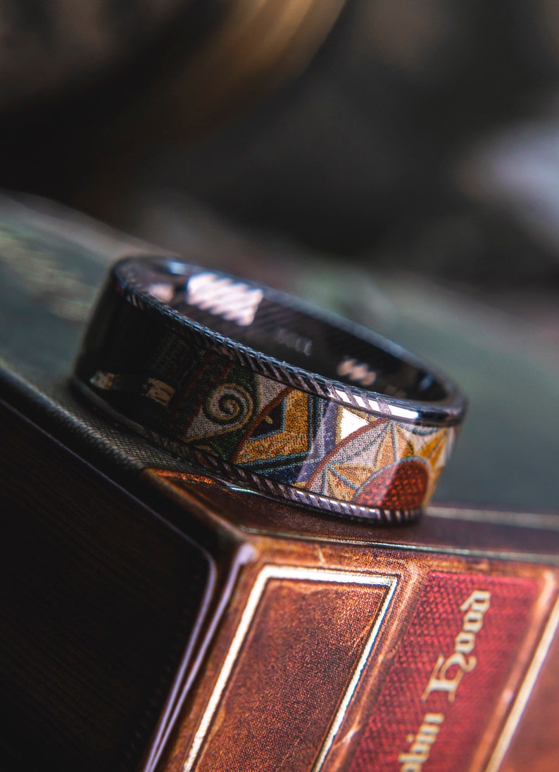 Mens Wedding band in Damascus Steel and Robin Hood Card Deck from KingsWildProject luxury playing cards. image 3