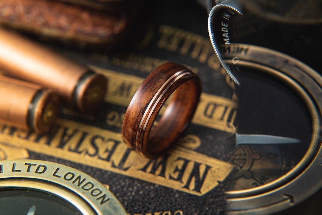 Mens wood Wedding band made from Santos Rosewood with Double Offset copper wire inlay, Mens engagement ring, Mens promise ring