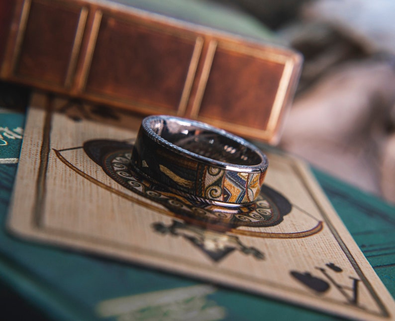 Mens Wedding band in Damascus Steel and Robin Hood Card Deck from KingsWildProject luxury playing cards. image 1