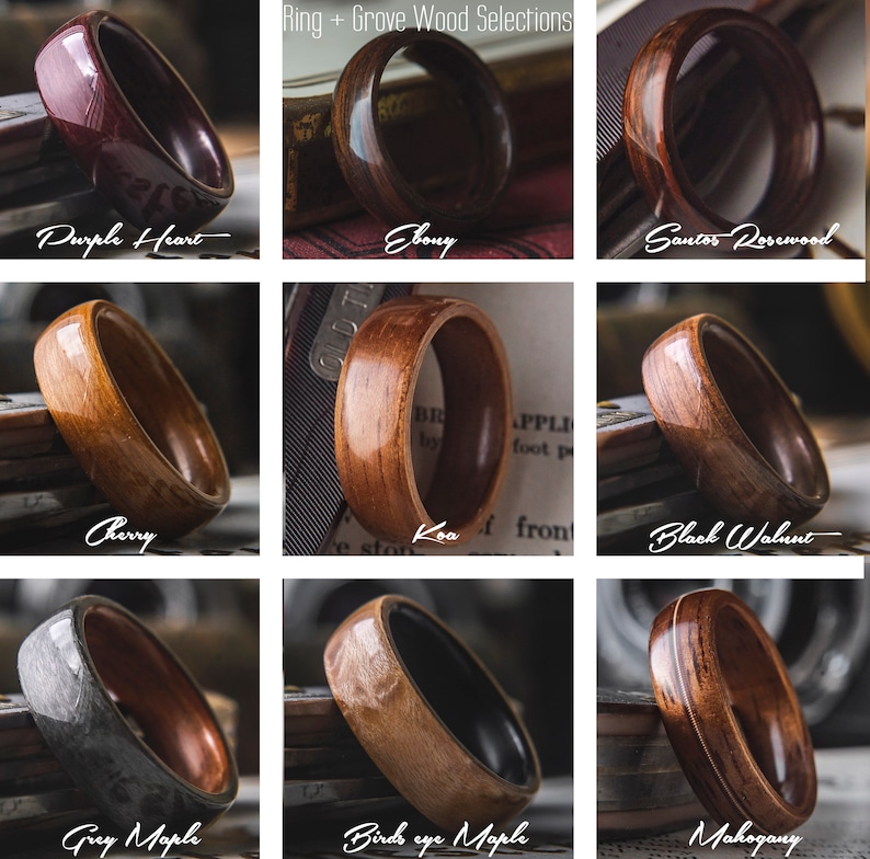 May include: Nine different wood rings with a black ring inlay. The wood types are Purple Heart, Ebony, Santos Rosewood, Cherry, Koa, Black Walnut, Grey Maple, Birds Eye Maple, and Mahogany.