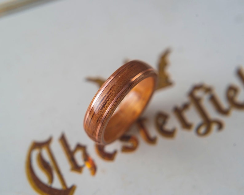 Mens Wedding band made from Koa with 2 thin copper wire inlay, Mens engagement ring, Mens promise ring image 1