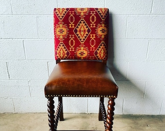 Spanish Twist Leg Bar Stool 30" with Back - Navajo Red - Camel Color Leather Seat - 4 Seat Minimum Required!