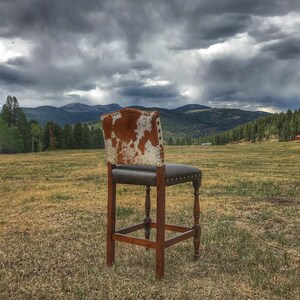 May include: A brown wooden bar stool with a cowhide patterned seat back and a dark brown leather seat. The stool is in a field with a mountain range in the background.