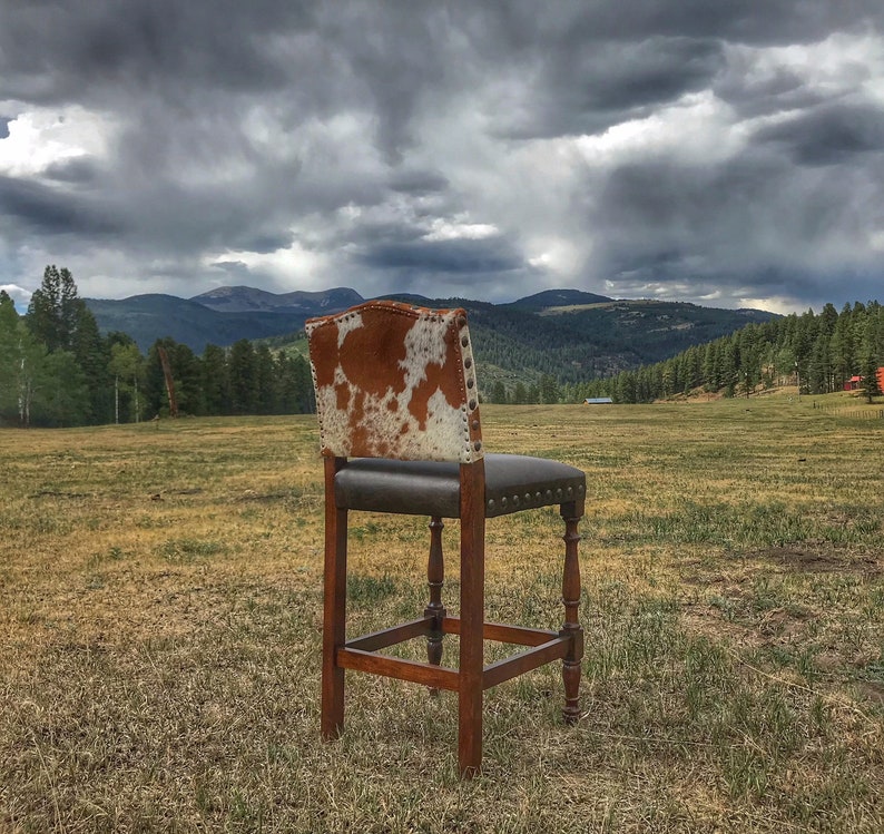 May include: A brown wooden bar stool with a cowhide patterned seat back and a dark brown leather seat. The stool is in a field with a mountain range in the background.
