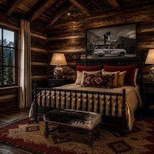 May include: A bedroom featuring a black spindle bed with beige bedding, red accent pillows, and a patterned throw pillow. A cowhide bench sits at the foot of the bed on a red and beige patterned rug. Two lamps flank the bed, and a black and white photo hangs above.