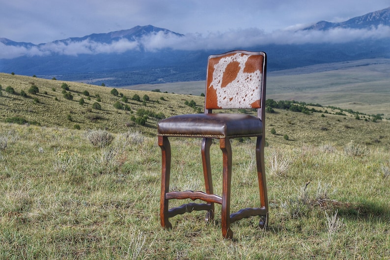 May include: A brown leather bar stool with a cowhide back and a mountain range in the background.
