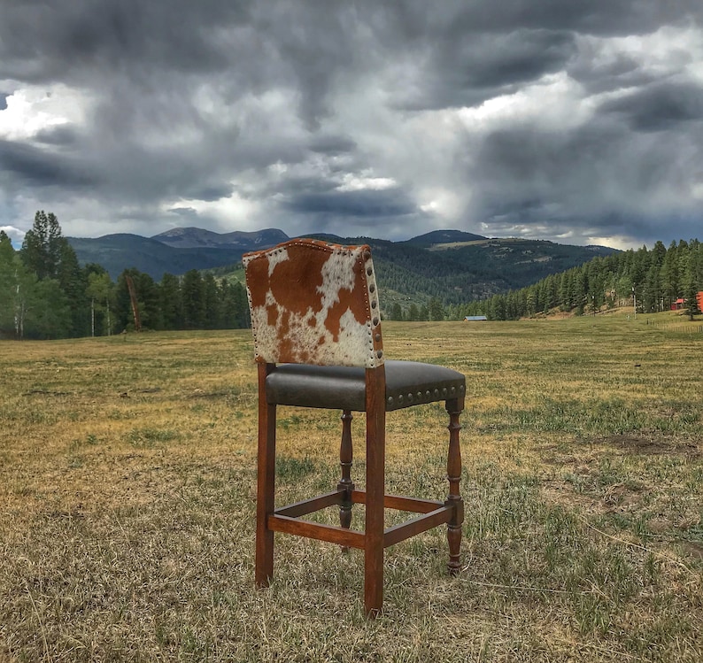 Puede incluir: Un taburete de bar de piel de vaca marr&oacute;n y blanco con un marco de madera marr&oacute;n oscuro. El taburete est&aacute; sentado en un campo con una cordillera de monta&ntilde;as en el fondo.
