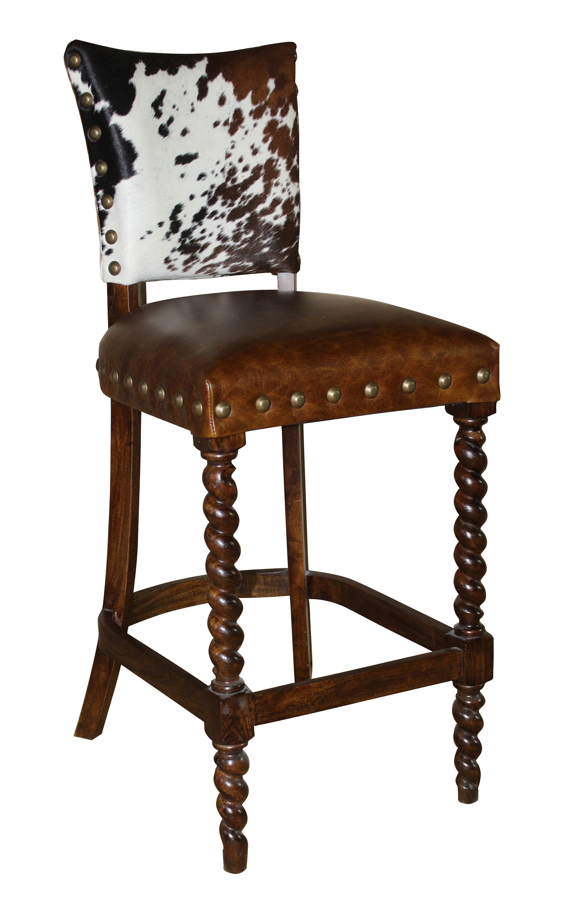 Barley Twist Cowhide Bar Stool - Camel Color Leather Seat - 4 Seat Minimum Required!