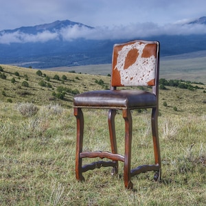 May include: A brown leather bar stool with a cowhide back and a mountain range in the background.